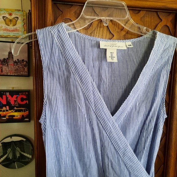 H&M L.O.G.G Blue Cotton Seersucker Striped Tie Wrap Dress - Size 4 - Picture 3 of 16
